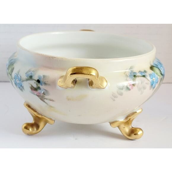 Antique GDA Limoges Hand Painted 3 Footed Bowl Blue Floral Gold Gilt Porcelain - Picture 4 of 11